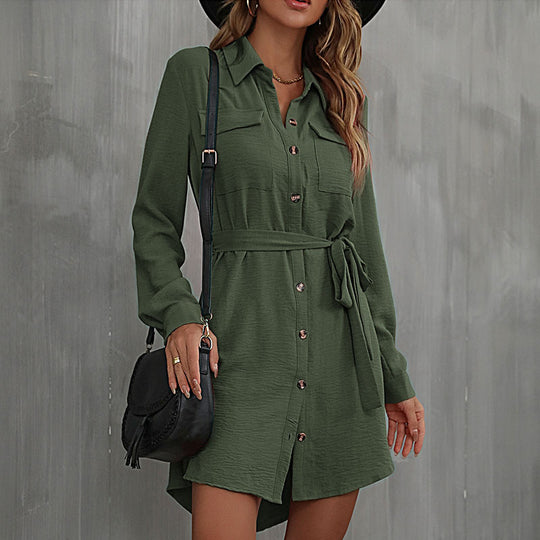 Damen Hemdblusenkleid mit praktischen Taschen und Bindegürtel EB