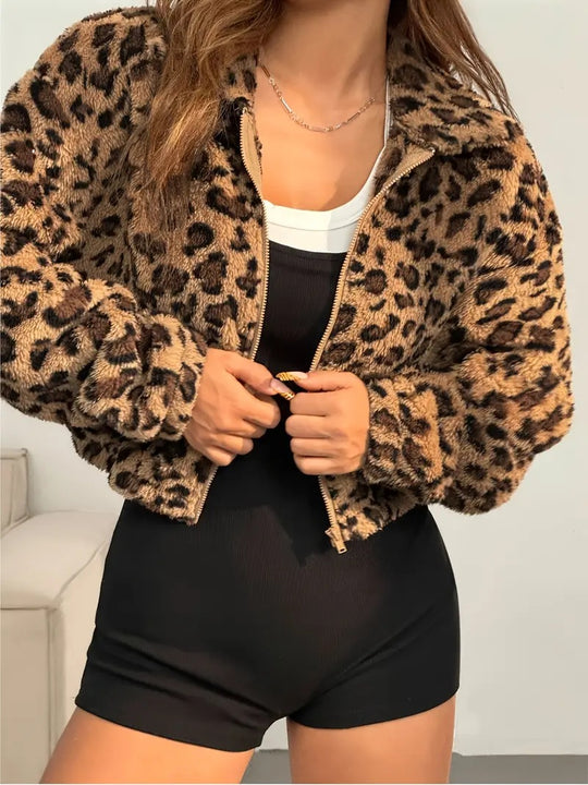 Damen Fleecejacke mit Animal-Print und praktischem Reißverschluss EB