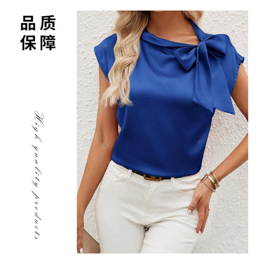 Damen elegante Bluse mit dekorativem Schleifen-Detail und schimmerndem Finish EB
