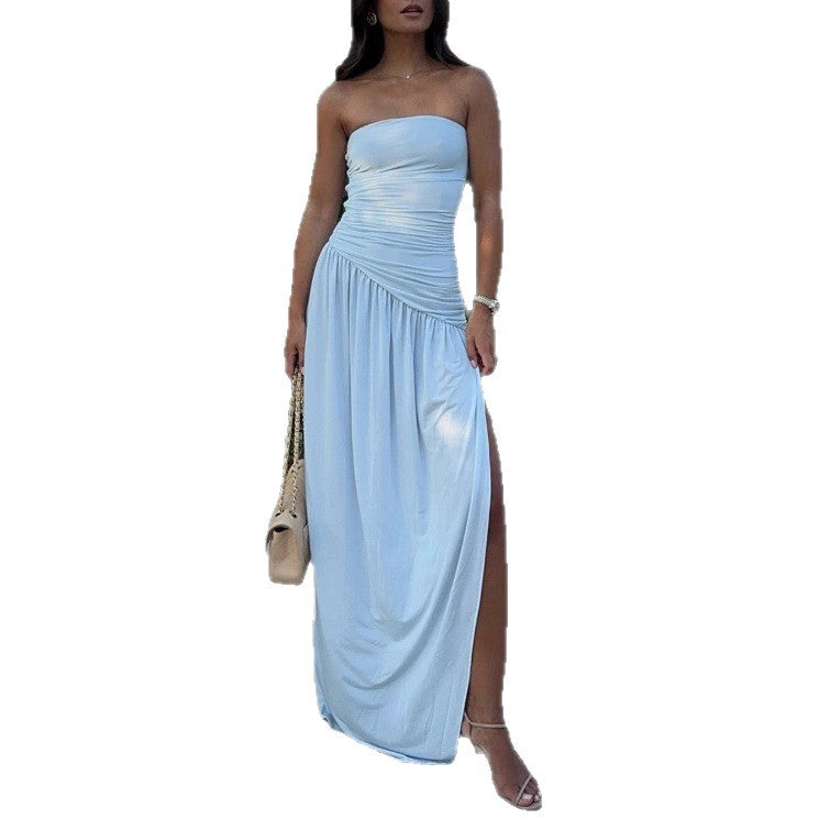 Damen nan elegantes Abendmaxikleid mit schulterfreiem Bustier, asymmetrischer Wickelraffung und hohem Seitenschlitz EB