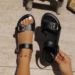 Damen modische Sandalen mit breitem Riemen und eleganter Schnallen-Applikation EB