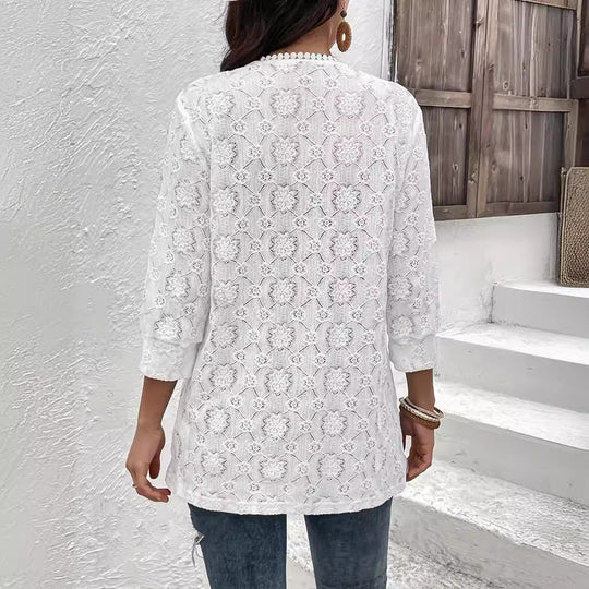 Damen nan luftiger Spitzenkimono Strandcardigan mit gehäkelter Bordüre EB