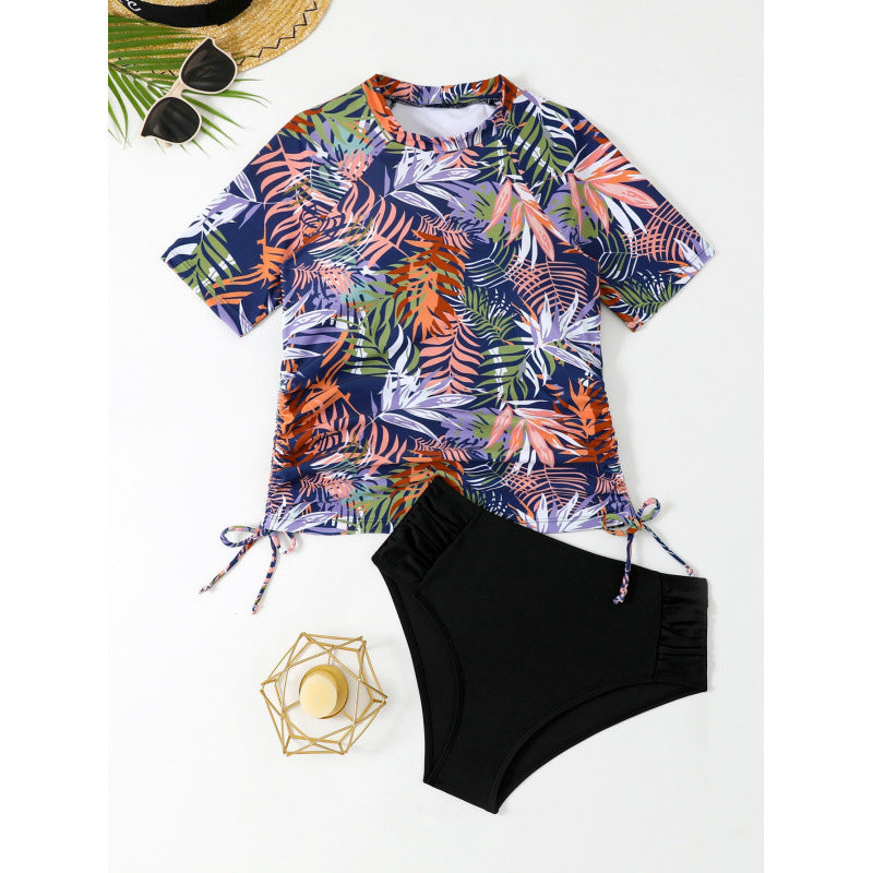 Damen Sportliches Kombi-Badeoutfit mit Kurzarm-Top und hochgeschnittenem Hosenrock EB