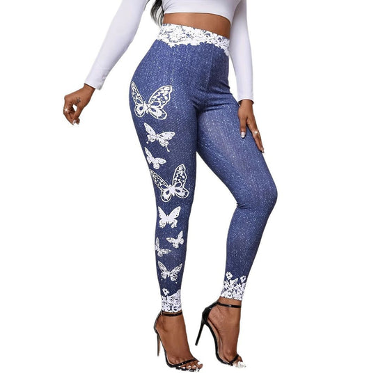 Damen Leggings mit floralem Spitzenbund und schmetterlingsmotiv EB
