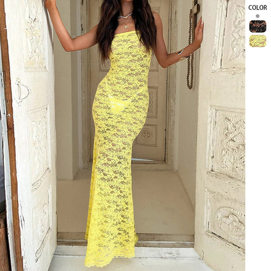 Damen Elegantes Spitzenmaxikleid mit figurbetonter Silhouette und schulterfreiem Design EB