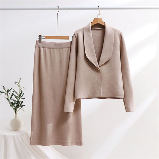 Damen elegantes Strickensemble mit Blazer und Midi-Rock EB