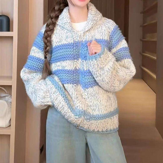 Damen Strickjacke mit breiten Streifen und hochwertigem Reißverschluss EB