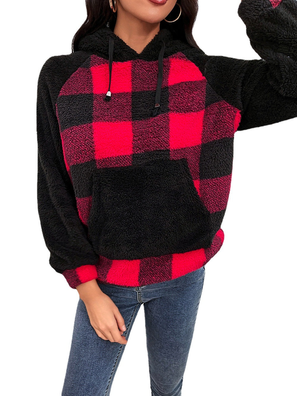 Damen kuscheliger Fleece-Hoodie im modernen Karomuster EB