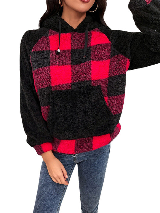 Damen kuscheliger Fleece-Hoodie im modernen Karomuster EB