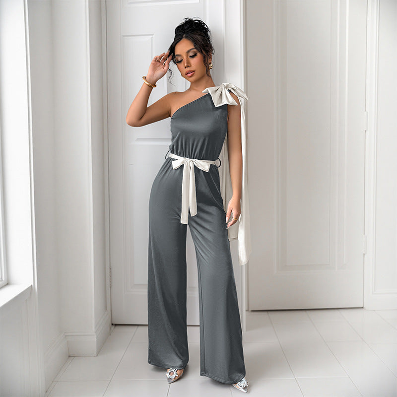 Damen eleganter Jumpsuit mit asymmetrischem Ausschnitt und dekorativem Taillengürtel EB