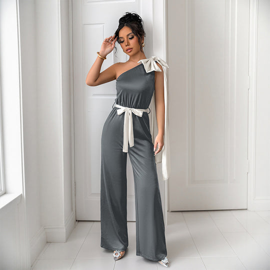 Damen eleganter Jumpsuit mit asymmetrischem Ausschnitt und dekorativem Taillengürtel EB