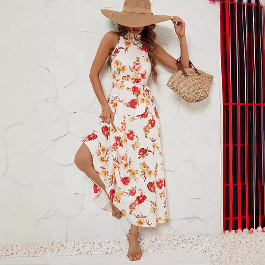 Damen Maxikleid mit hochgeschlossenem Design und floralem Gürtel EB