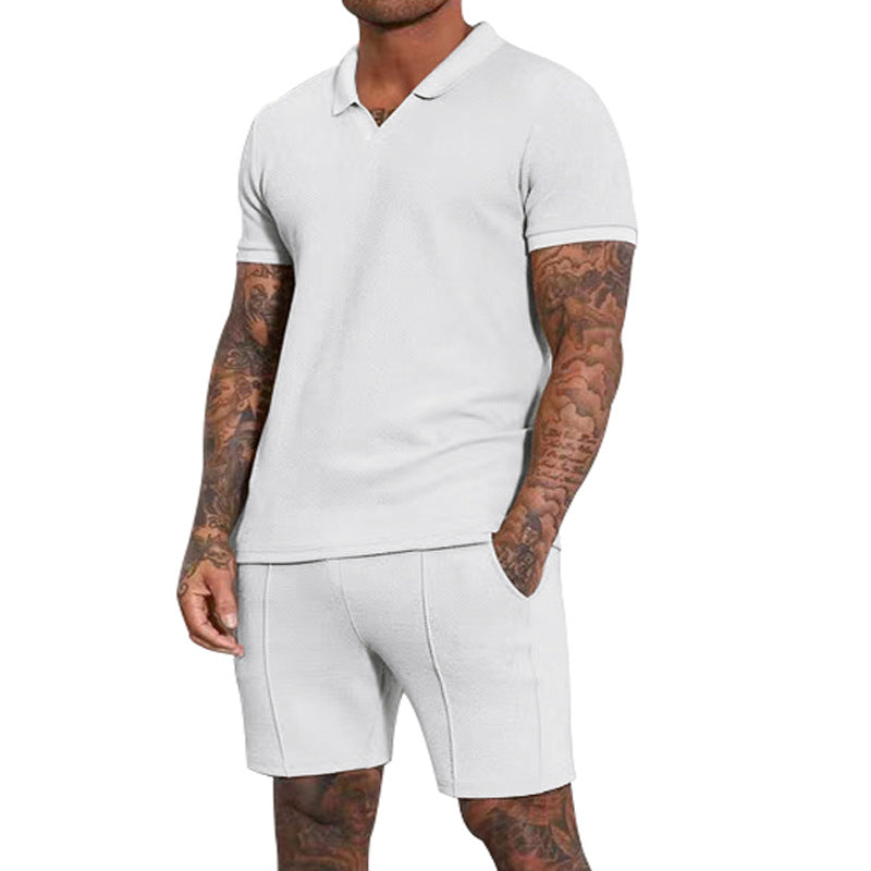 Herren nan kurzärmeliges Halbkragen-Strickset mit feiner Waffelstruktur und gerade geschnittenen Shorts EB