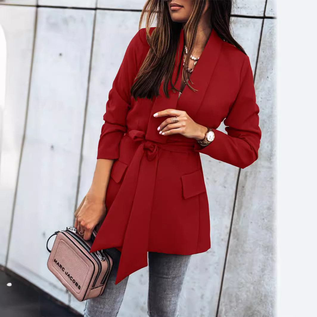 Damen Modische Blazerjacke mit praktischem Gürtel und tiefen Taschen EB