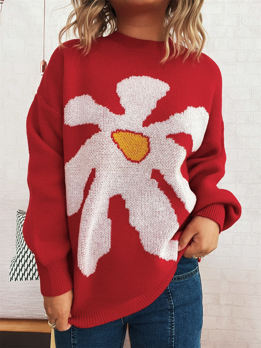 Damen verspielter Strickpullover mit floraler Applikation EB