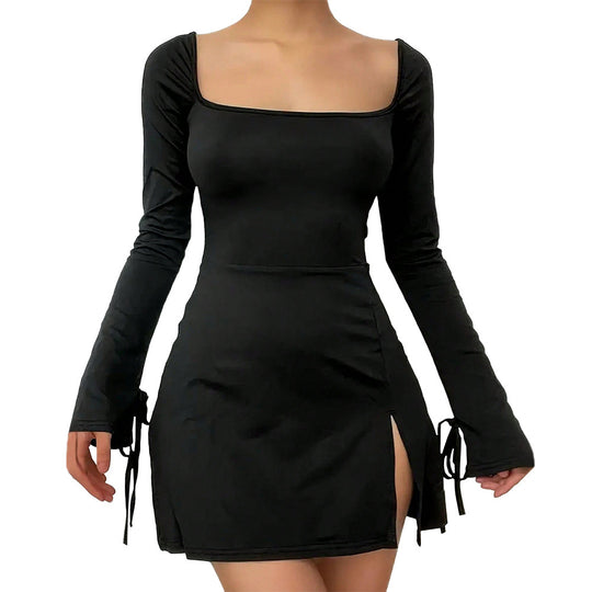 Damen figurbetontes Minikleid mit eckigem Ausschnitt Trompetenärmeln und seitlichem Schlitz Eichborn Berlin