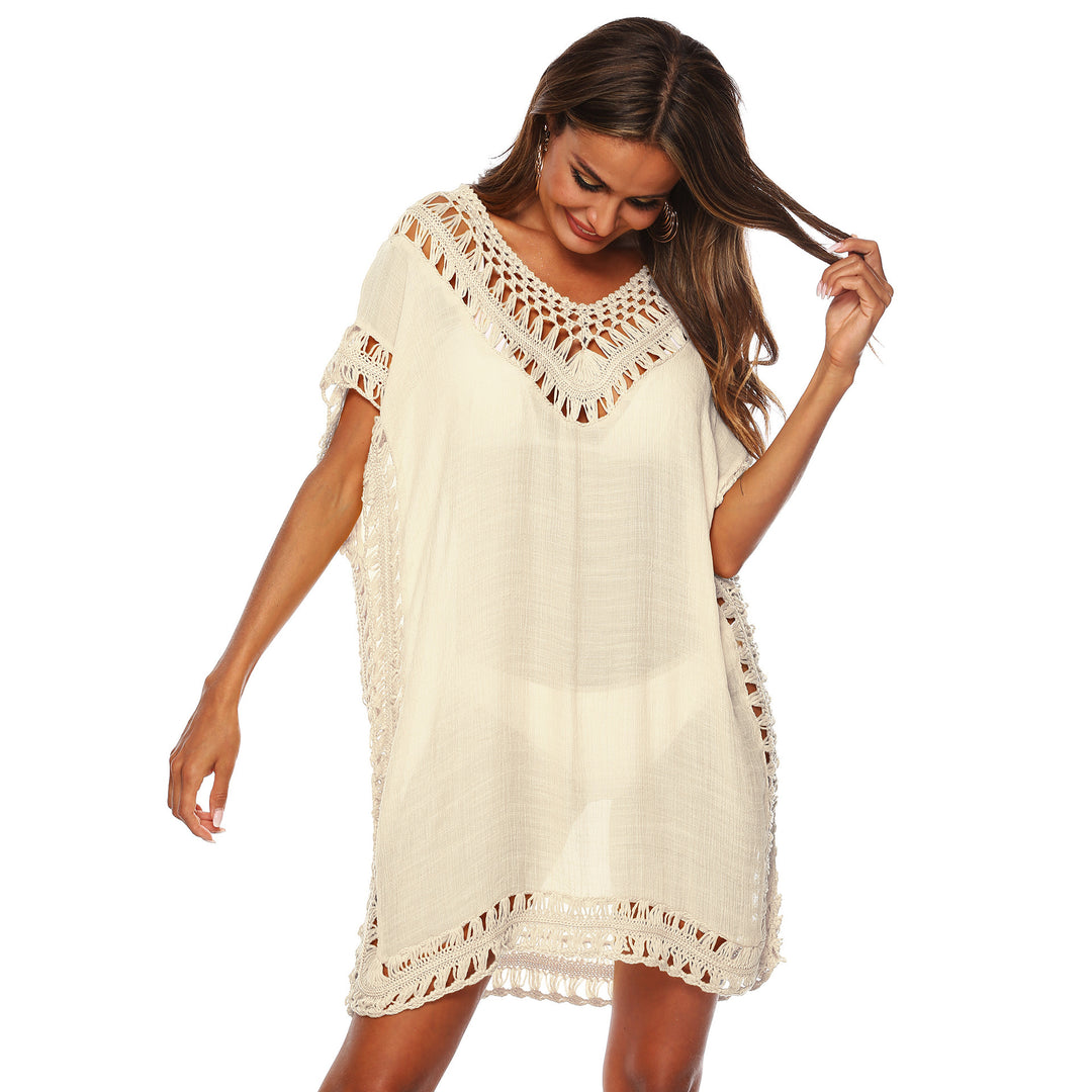 Damen Häkel-Strandüberwurf mit elegantem V-Ausschnitt und fransigen Details EB
