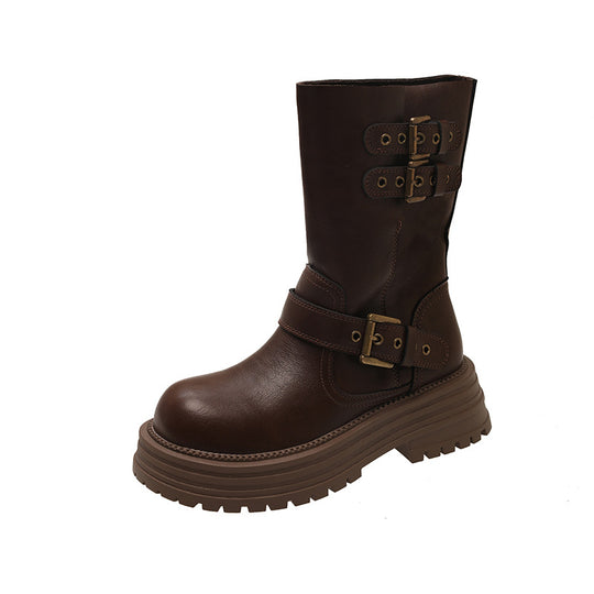 Damen Robuste Schnürstiefel mit dekorativen Schnallen und stabiler Sohle EB