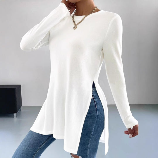 Damen asymmetrisches Longsleeve-Oberteil mit seitlichen Schlitzen und lässigem Schnitt EB
