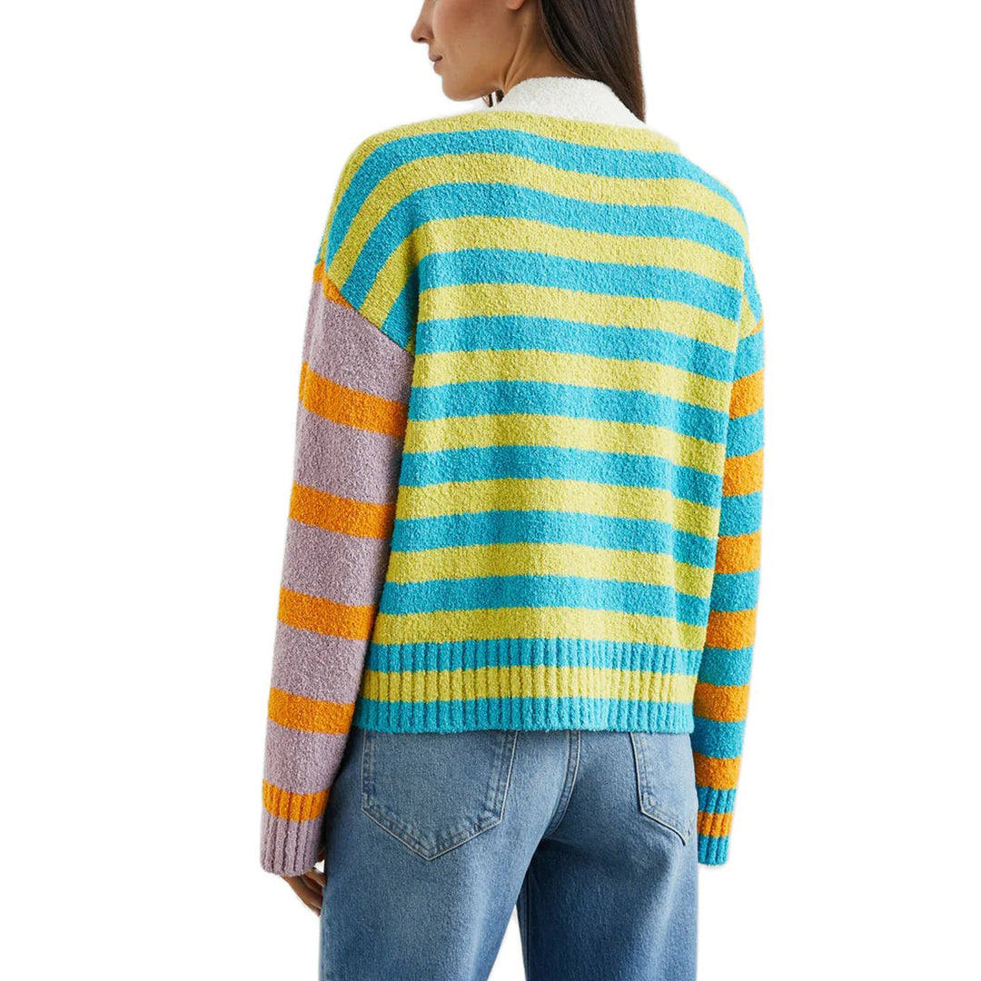 Damen lockerer gestreifter Frottee-Cardigan mit V-Ausschnitt und Knopfleiste EB
