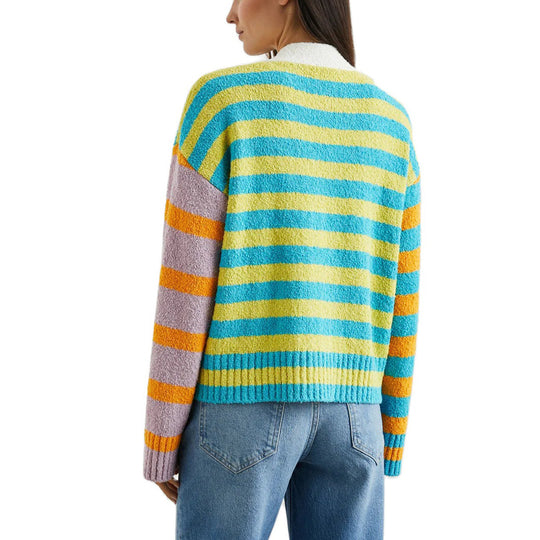 Damen lockerer gestreifter Frottee-Cardigan mit V-Ausschnitt und Knopfleiste EB