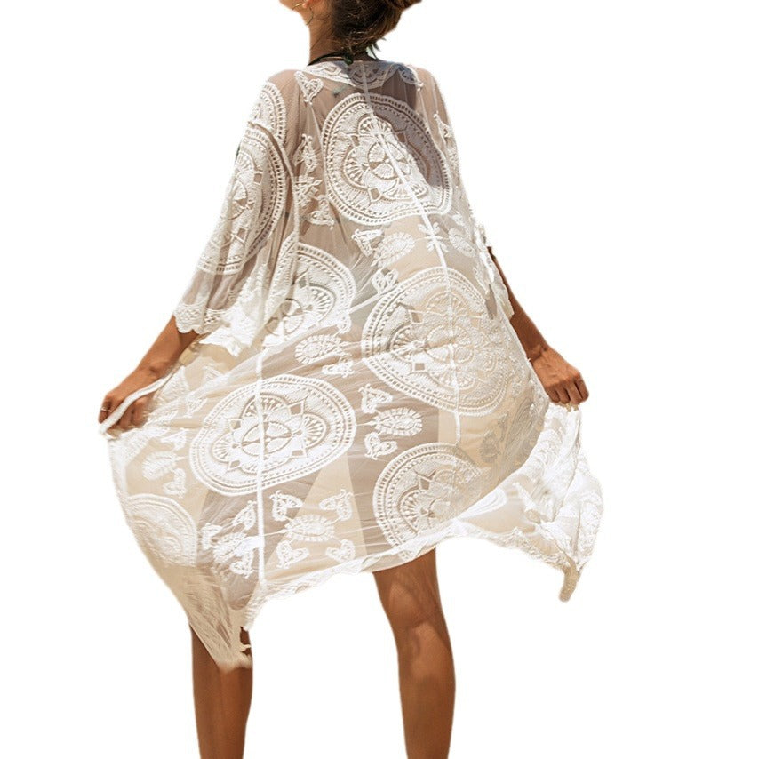 Damen elegante Häkel-Strandtunika mit floralen Details EB