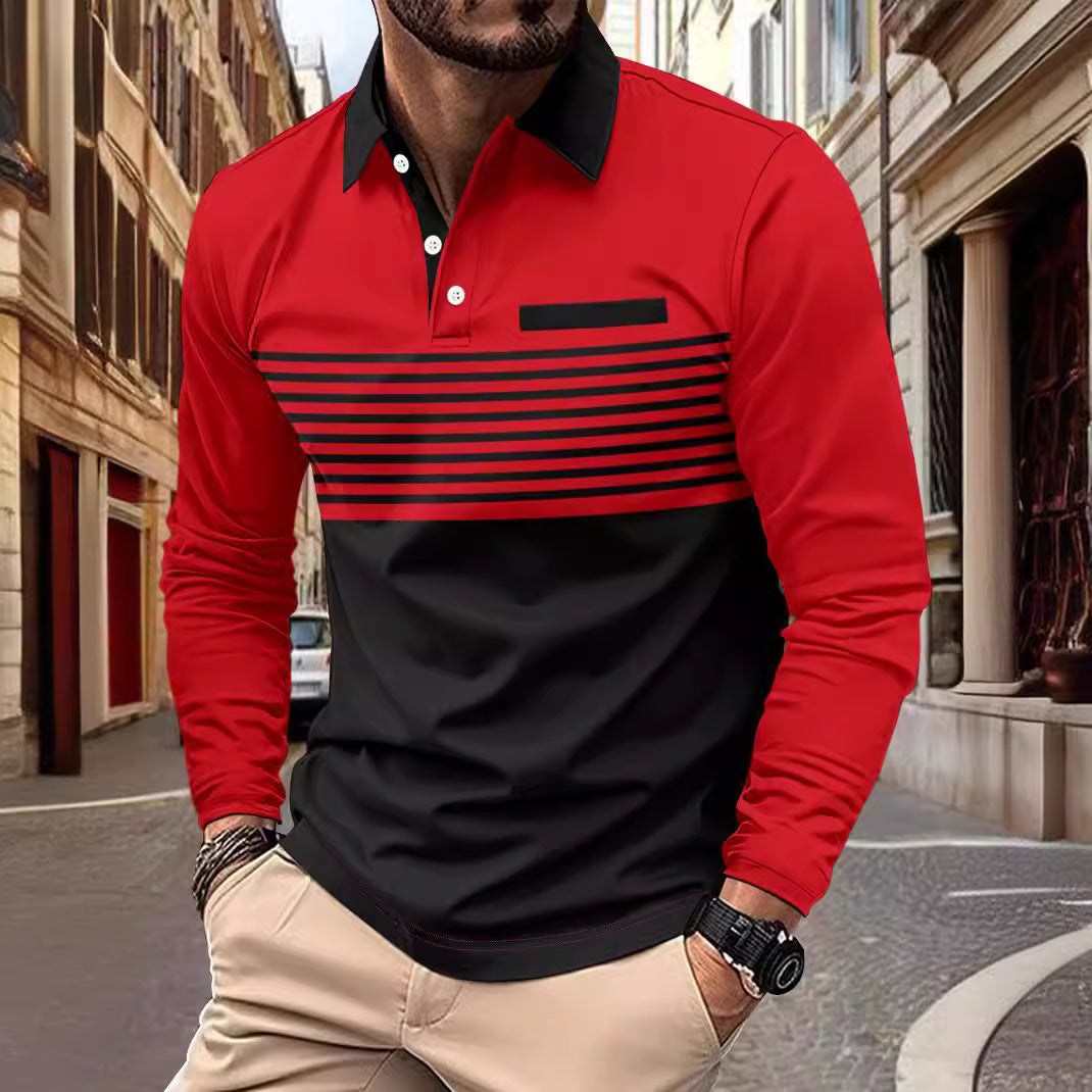 Herren nan langärmliges Poloshirt mit kontrastierendem Hemdkragen, dezenter Brustpaspel und feinem Streifenrelief EB