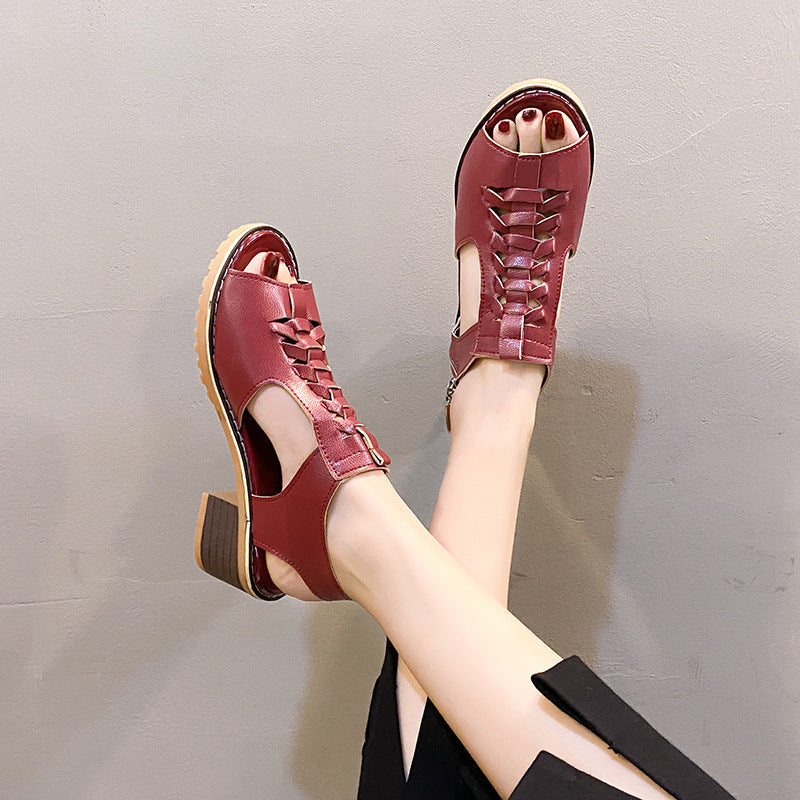 Damen elegante Sandalen mit geflochtenen Riemen und komfortablem Blockabsatz EB