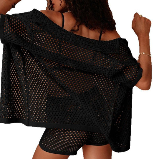 Damen luftiges Häkel-Set mit knöpfbarem Shirt und Shorts EB