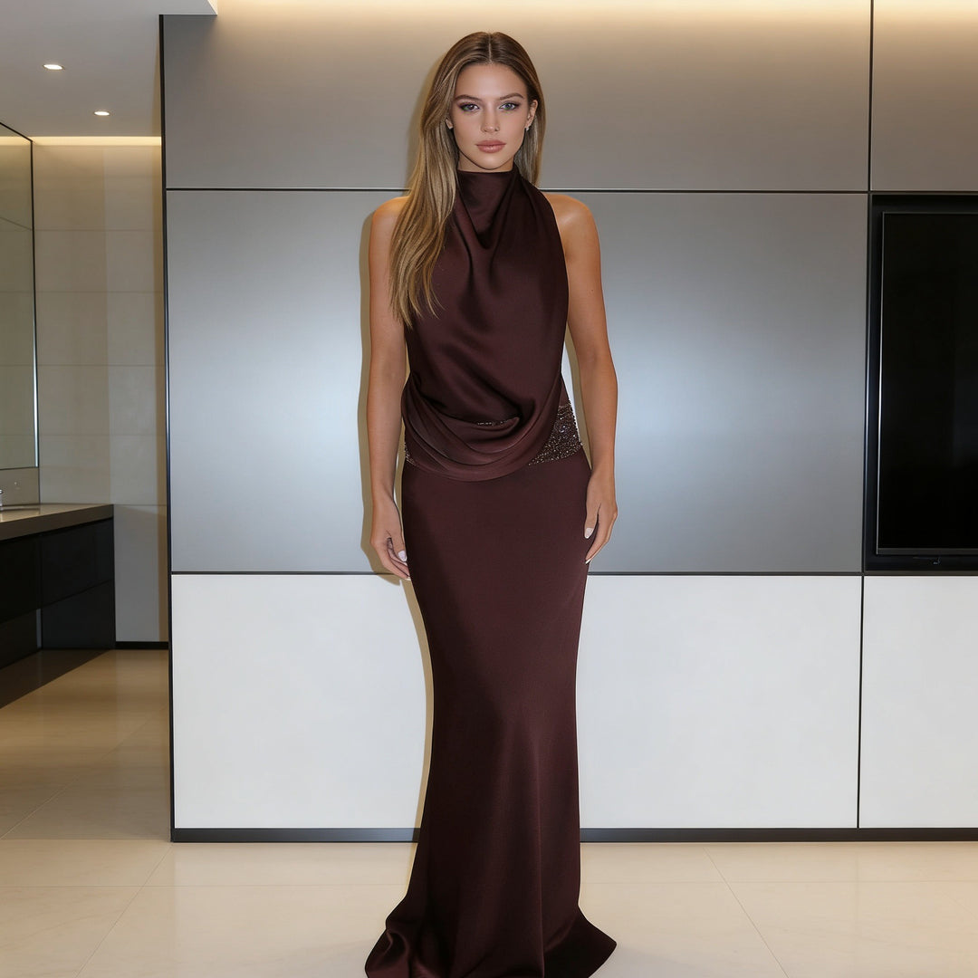 Damen Elegantes und fließendes Abendkleid mit hohem Kragen EB