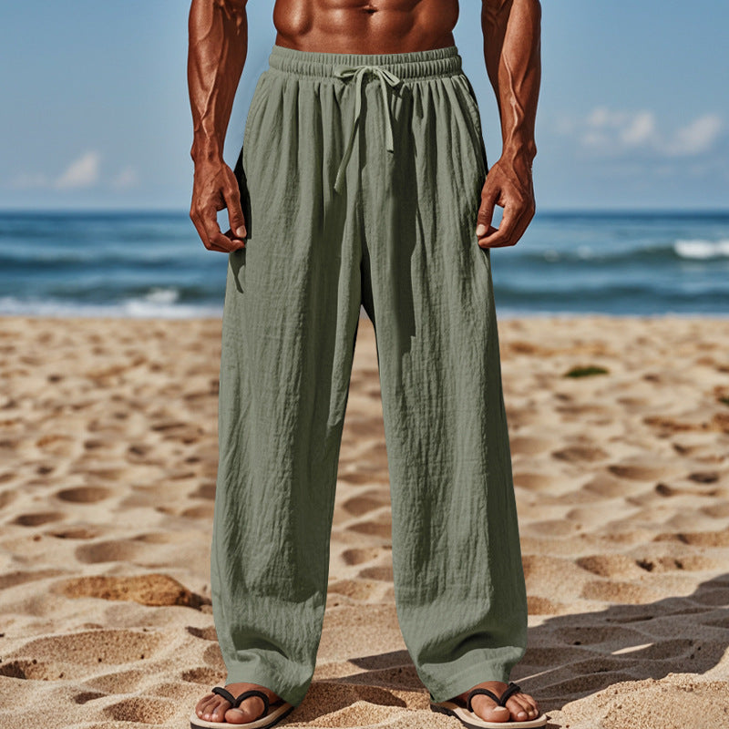 Herren Leichte Leinenhose mit weitem Schnitt, Elastikbund und Kordelzug EB