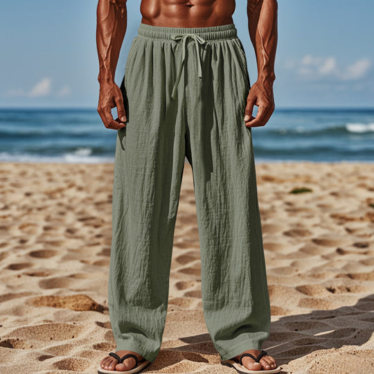 Herren Leichte Leinenhose mit weitem Schnitt, Elastikbund und Kordelzug EB
