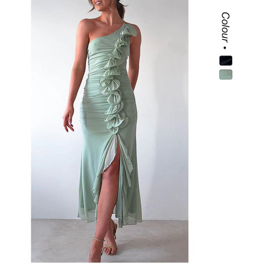 Damen Elegantes Rüschen-Maxi-Kleid im Stile einer Seite mit hohem Schlitz EB