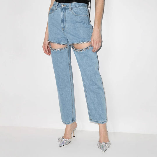 Damen Jeans mit strassbesetzten Ausschnitten und legerem Schnitt EB