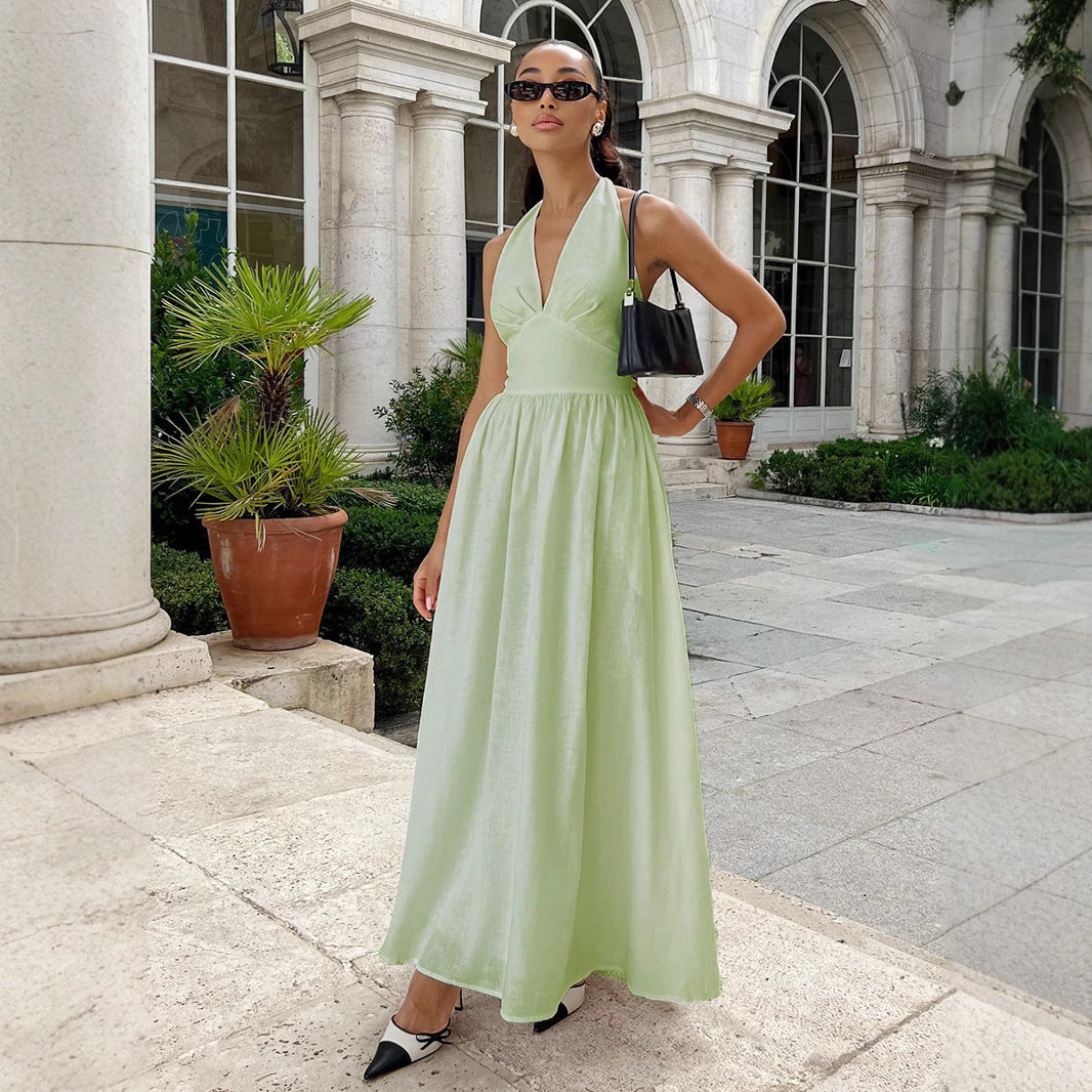 Damen Elegantes Maxikleid mit tiefem V-Ausschnitt und fließendem Schnitt EB