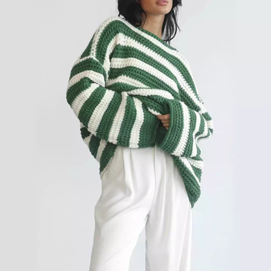 Damen lässiger gehäkelter Pullover mit modernen Blockstreifen EB