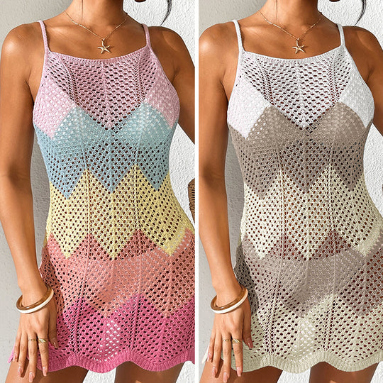 Damen Häkel-Strandkleid mit V-Ausschnitt und Zickzackmuster EB