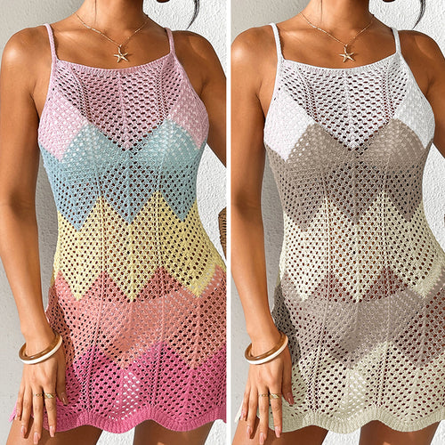 Damen Häkel-Strandkleid mit V-Ausschnitt und Zickzackmuster EB