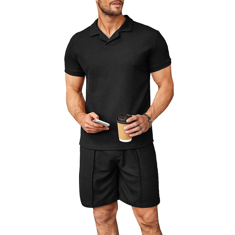 Herren nan zweiteiliges Freizeitset aus strukturierter Baumwollmischung mit Reverspolo und geraden Komfortshorts EB