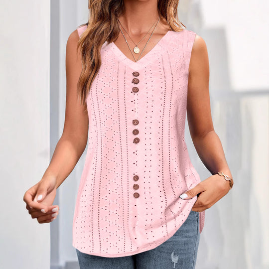 Damen V-Ausschnitt Blusentop mit Knopfleiste und filigranem Lochmuster Heidi-Mode