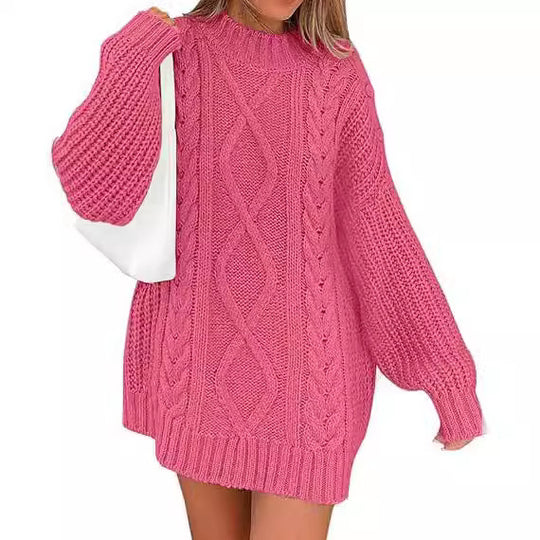 Damen Grobstrick Pulloverkleid mit asymmetrischem Saum und Zopfdesign EB