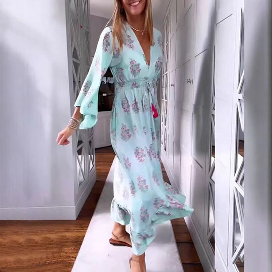 Damen Maxikleid mit floralen Akzenten und voluminösen Ärmeln Heidi-Mode