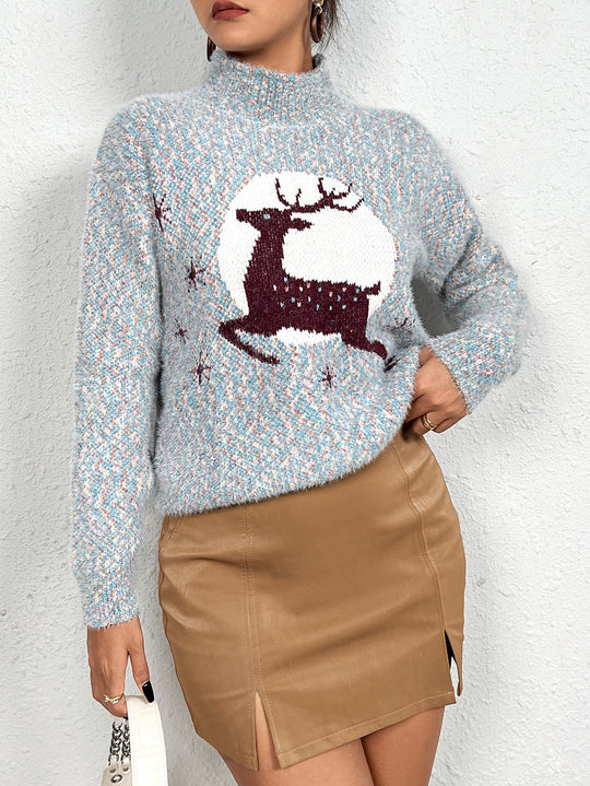 Damen Kuscheliger Rollkragenpullover mit festlichem Rentierdesign EB