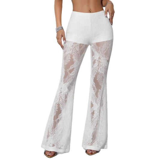 Damen nan hochgeschnittene Spitzen-Schlaghose mit blickdichter Innenshort und floralen Transparenzeinsätzen EB