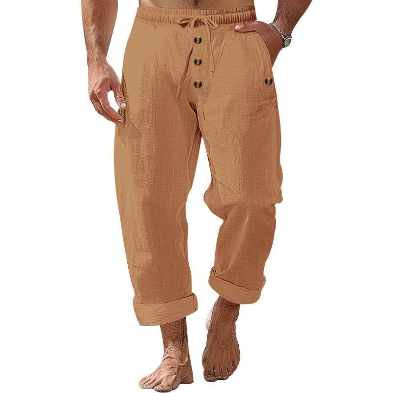 Herren nan lockere Leinen-Baumwoll-Hose mit elastischem Bund, Kordelzug und aufgekrempeltem Saum EB