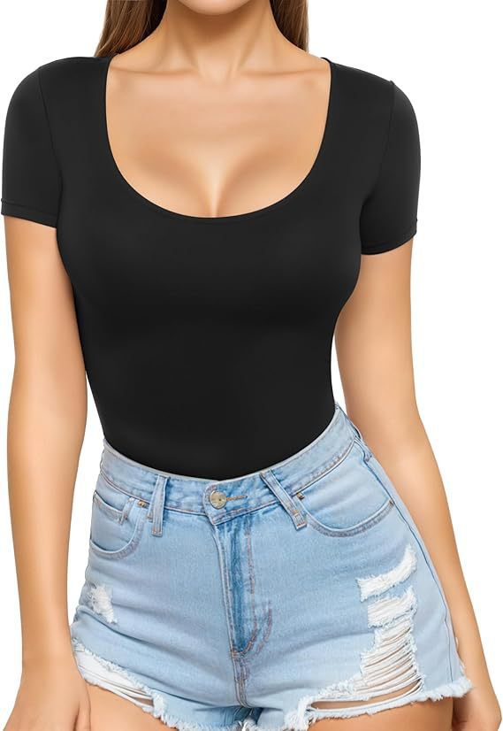 Damen figurbetontes Kurzarm-Body mit rundem Ausschnitt und nahtlosem Design EB