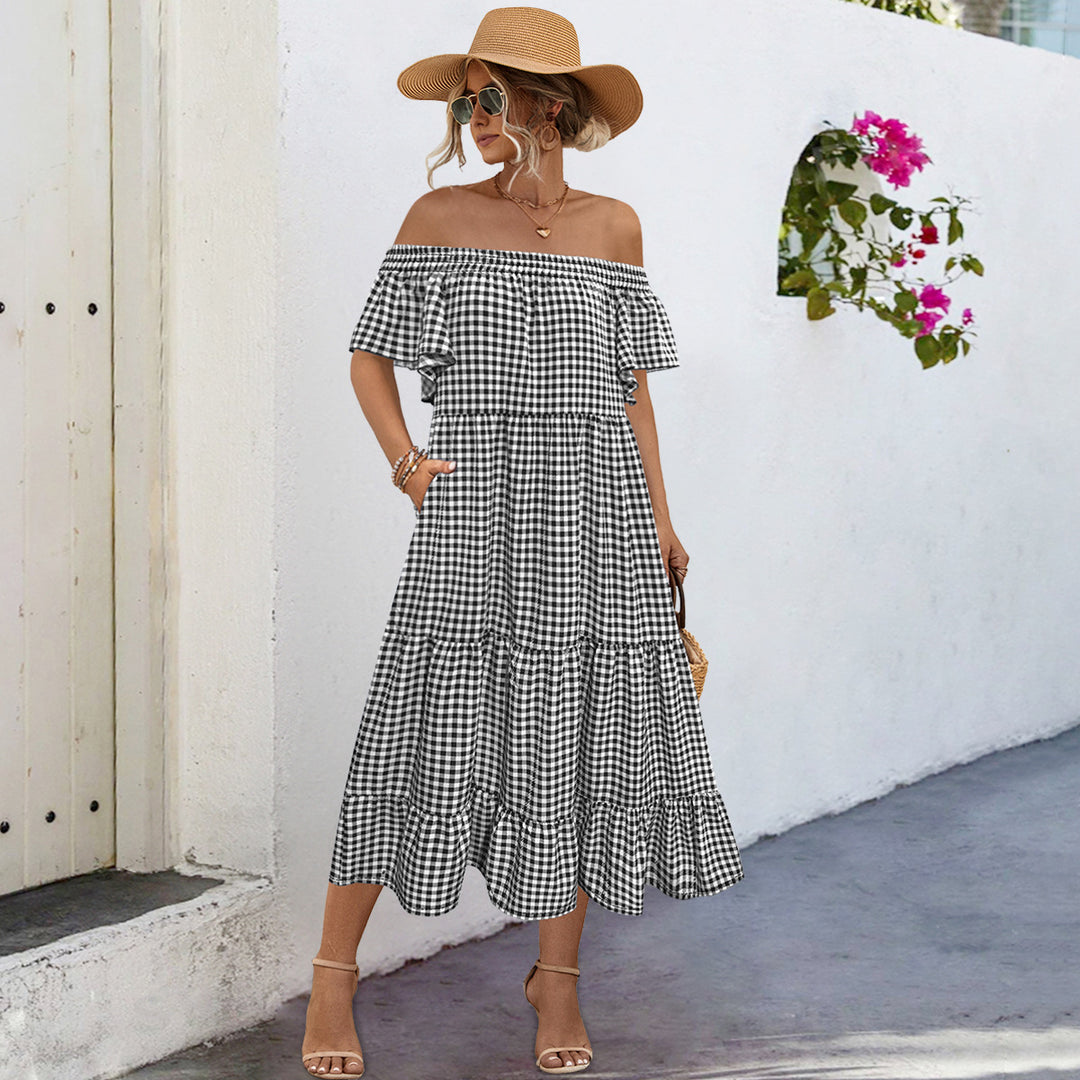 Damen Off-Shoulder Maxikleid mit raffinierten Rüschendetails und lockerer A-Linien-Silhouette EB