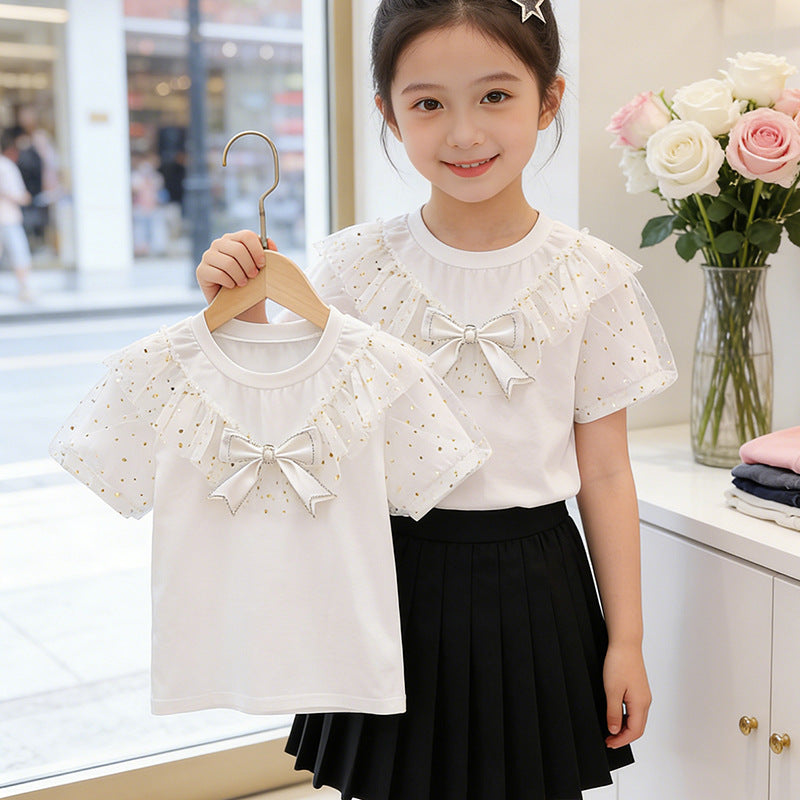 Mädchen T-Shirt mit Rüschendetails und transparenten Puffärmeln EB