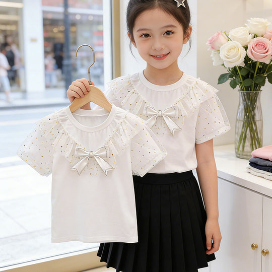Mädchen T-Shirt mit Rüschendetails und transparenten Puffärmeln EB