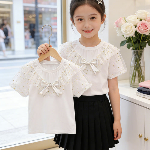 Mädchen T-Shirt mit Rüschendetails und transparenten Puffärmeln EB